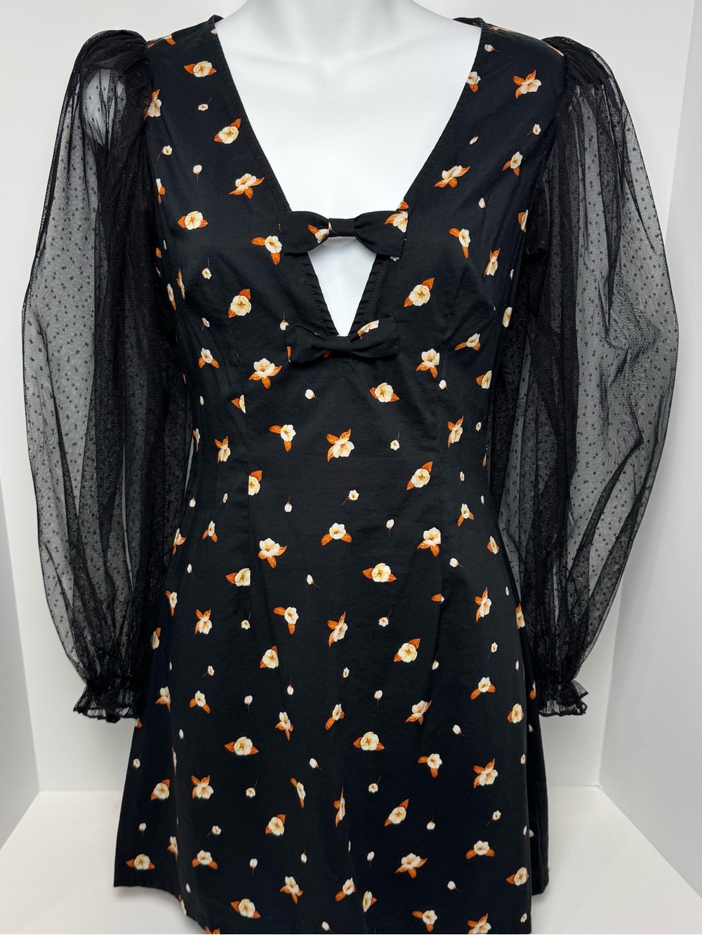 WeWoreWhat Sadie Black Floral Mini Dress with Sheer Polka Dot Puff Sleeve - XS